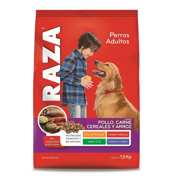 PERROS ADULTOS POLLO CARNE CEREALES ARROZ 12 UNID. X 1,5 KG. - RAZA