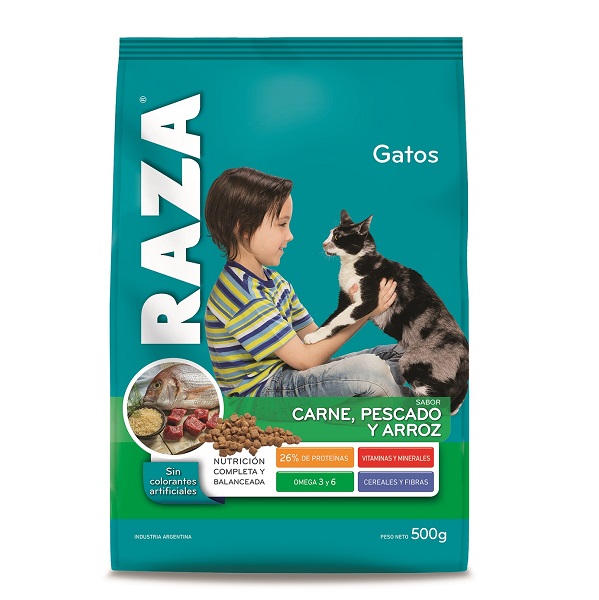GATOS ADULTOS CARNE PESCADO Y ARROZ 18 UNID. X 0,5 KG - RAZA