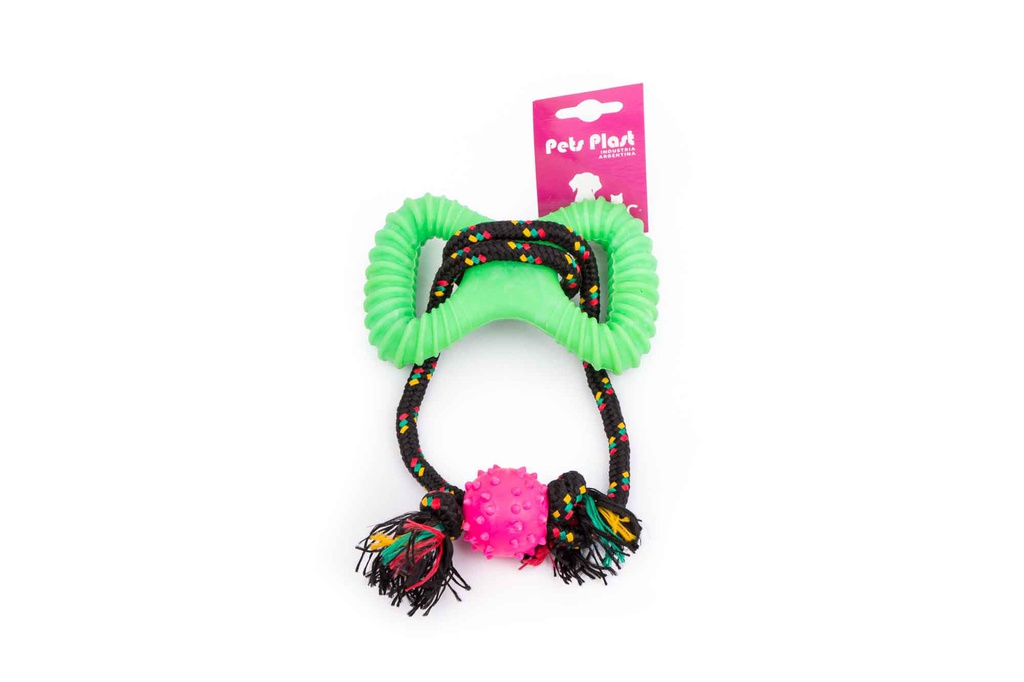 MORDILLO 8 DE GOMA + PELOTA PUAS SOGA ALPINA 8MMX85CM S1201 PETS PLAST